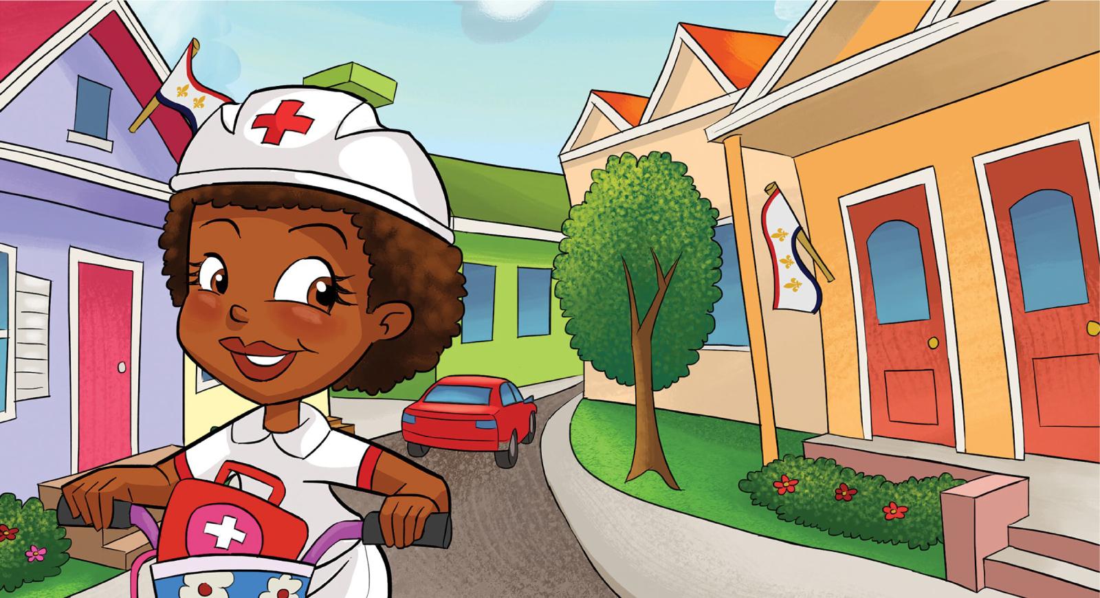 A colorful cartoon of Nurse Nola riding a bike down a street